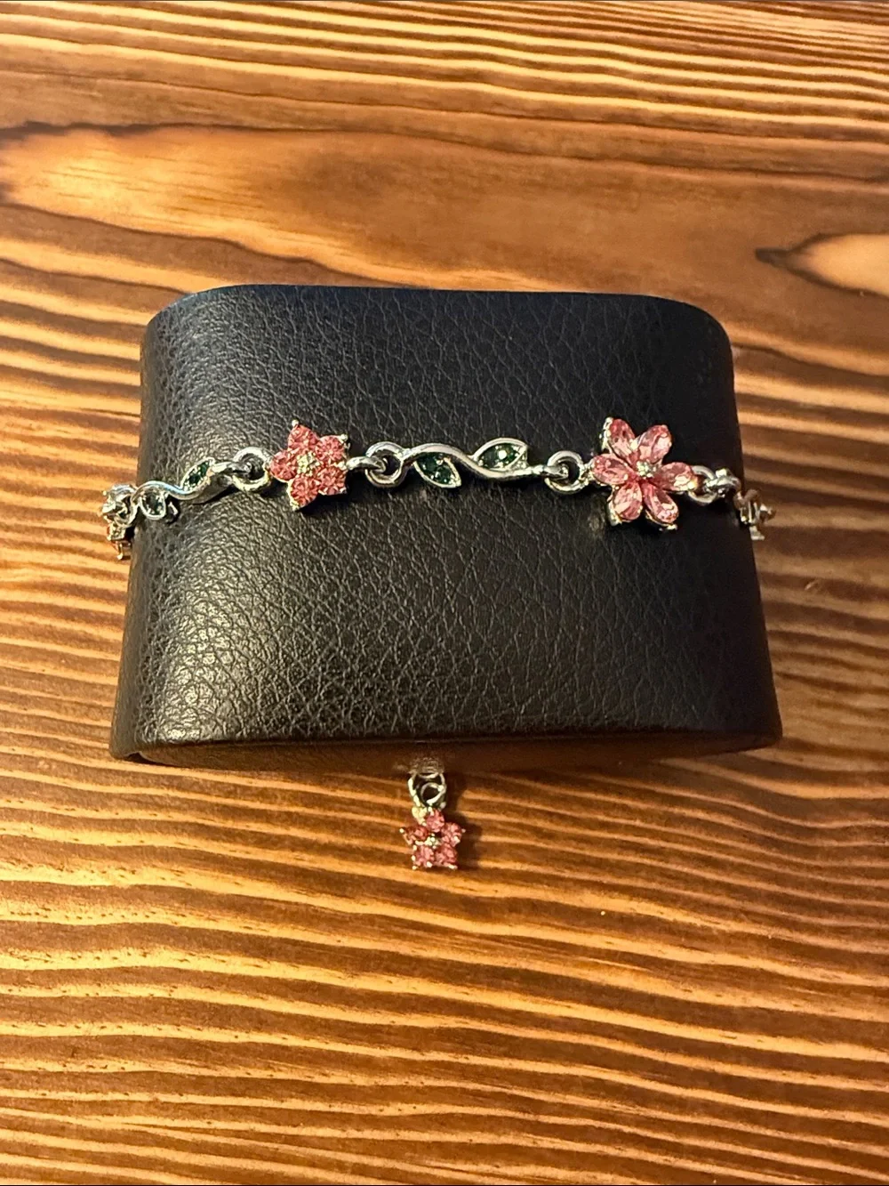 Silver Pink Crystal Flower Chain Bracelet for Women Stainless Steel